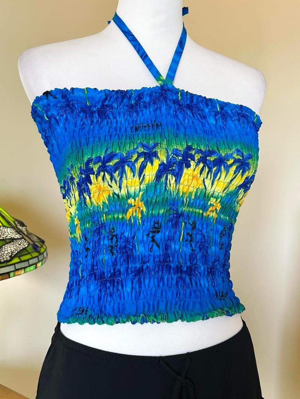 Smocked Halter Tropical Print Tube Top - Blue/Green